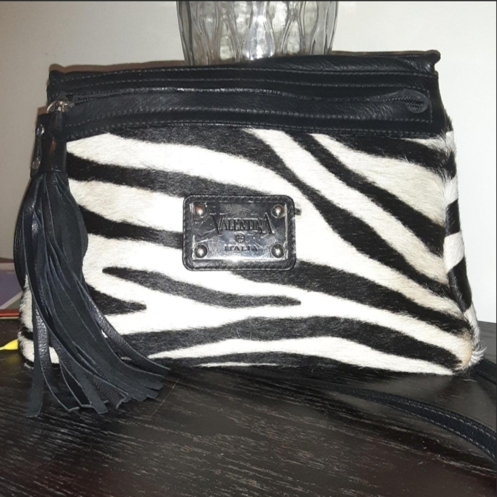 Valentina Black and White Crossbody Bag w Fur Zebra Print, Leather Trim&Tassel